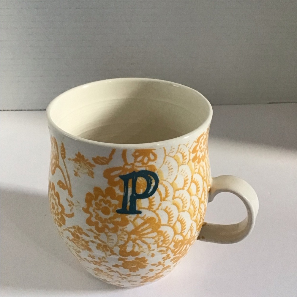 Anthropologie Homegrown Letter P Monogram Mug Yellow Floral Yellow Initial P